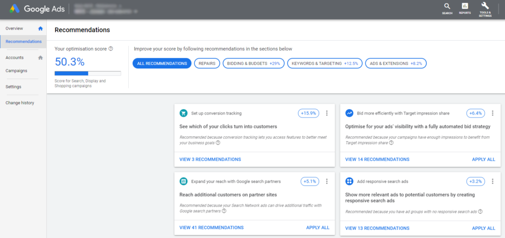 Google Ads recommendations tab